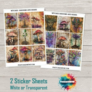 Cogumelos e Ervas de Bruxas - Conjunto Completo de Adesivos - Diário de Junções - Álbum de Recortes - Amigo por Correspondência - Postcrossing - Artesanato