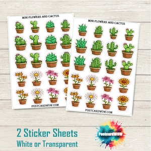 Op de afbeelding: Twee sticker vellen met illustraties van mini bloemen en cactussen in bruine potten. De vellen tonen verschillende cactus- en bloemontwerpen, met de tekst "Mini Flowers and Cactus" bovenaan en "2 Sticker Sheets White or Transparent" onderaan.