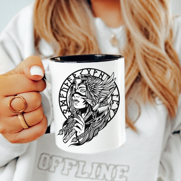 Rune Valkyrie || Norse Pagan Celtic || Freya Shieldmaiden Goddess || Viking Mother or Birthday Gift || Druid Shaman Ceramic Mug