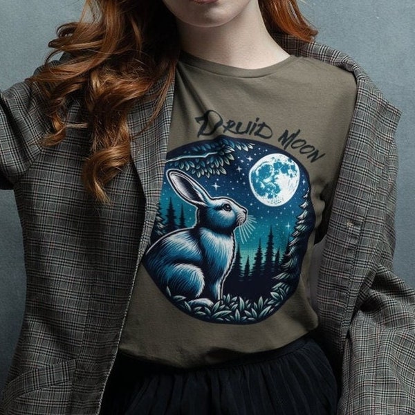 Druid Moon || Lunar Magic || Solstice Hare || Vintage Rabbit || Totem Animal || Witchy Equinox Unisex Cotton T-Shirt