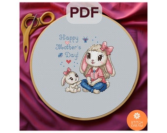 Pattern Happy Mother&#39;s Day Bunny Cross stitch pattern Mothers day gift Rabbit chart Modern x-stitch Animal cross stitch Rabbit Embroidery