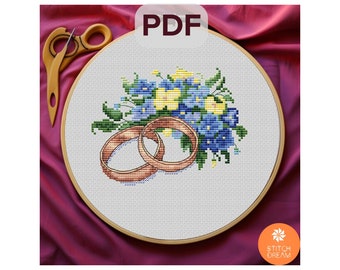 Pattern Wedding Rings cross stitch Rings with blue and yellow flowers Floral rings x-stitch Wedding x-stitch Wedding Gift Modern sampler