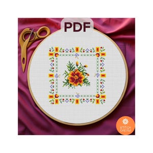 Patroon Goudsbloem kruissteek Bloemen x-steek Lente zomerbloemen kruissteek Moderne x-steek goudsbloem bloemen Borduurwerk wilde bloemen