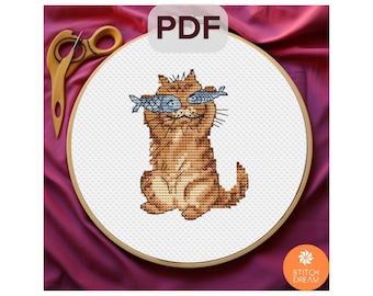 Pattern Cat with fish cross stitch Cute Kitten x-stitch Counted x-stitch Modern chart Fishing Lover Catch Animal chart Tiny Cat embroidery