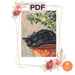 Motif chat endormi, point de croix, joli chaton noir, point de x, point compté, broderie d'animaux, broderie de petit chat, sieste, Italie, Grèce