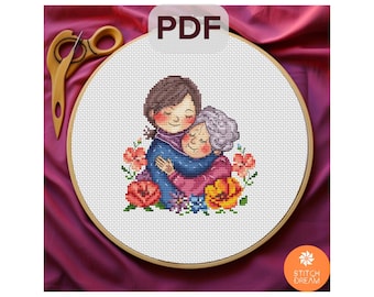 Pattern Happy Mother&#39;s Day Girl and Grandma cross stitch pattern Mothers day gift from daughter Spring Cross Stitch Floral Modern Xstitch