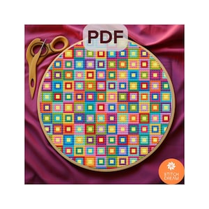 Patrón Cuadrados Arcoíris Gráfico Patchwork Arcoíris Patrón de punto de cruz moderno Punto de cruz contado Diseño colorido Cuadrados Muestrario Color orgulloso