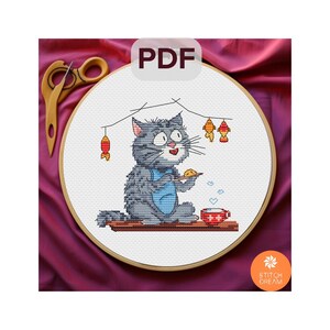 Patroon kat en vis kruissteek schattig katje met thee x-stitch geteld x-stitch moderne kaart Fishing Lover dierenkaart klein borduurwerk