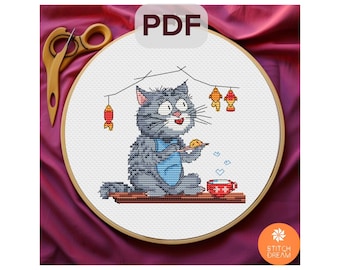 Pattern Cat and Fish cross stitch Cute Kitten with tea x-stitch Counted x-stitch Modern chart Fishing Lover Animal chart Tiny embroidery