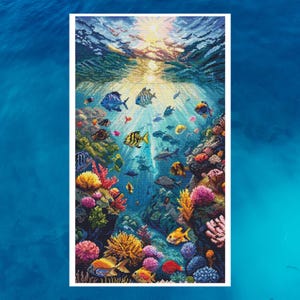 May include: A vibrant underwater scene with colorful coral reefs and fish. The sun shines through the water, illuminating the scene. The fish are swimming in a variety of colors, including blue, green, orange, and yellow.