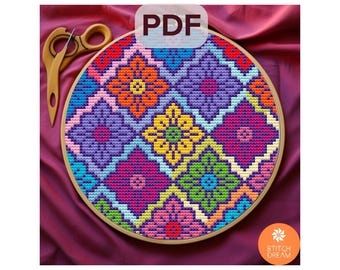 Schema Fiori estivi Schema patchwork arcobaleno Schema punto croce moderno Punto croce contato Disegno colorato Mosaico Sampler Proud Color