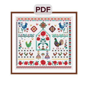 Pattern Summer on the Farm Ornamental Sampler Flowers and Birds Modern x-stitch Counted cross stitch chart Floral Sampler Summer Gift