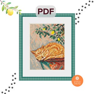 May include: A cross-stitch pattern PDF featuring an orange tabby cat sleeping on a ledge beneath a lemon tree with yellow fruit and green leaves. The design is framed in a teal border with a white mat, accented by small black paw prints.