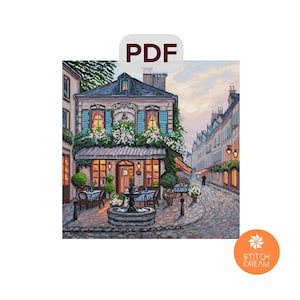 Pattern Cozy Cafe with Fountain in Old Town Stitch Restaurant Chart City landscape  Flowers in the City xstitch Street Coffee cross stitch