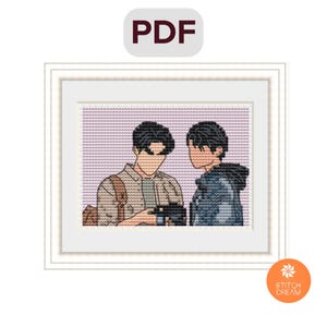 Puede incluir: Patrón de punto de cruz con dos figuras, una con chaqueta y otra con camisa abotonada, sosteniendo una cámara. La obra está enmarcada en blanco, con un icono PDF en la parte superior y un logotipo "Stitch Dream" en la parte inferior.