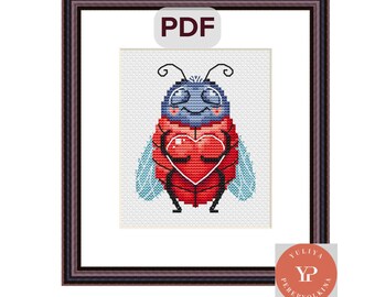 Pattern Bug with Heart cross stitch Valentines Day gift Counted x-stitch Modern chart Cute Bug pattern embroidery Insect chart