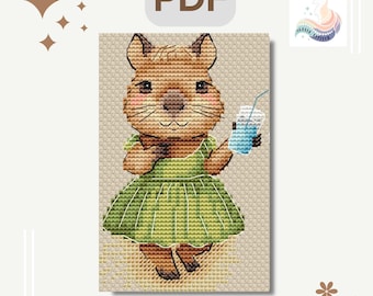 Schnittmuster Wassermann Kreuzstich Süßer Wasserschwein im Grünen Kleid mit Cocktail Lustig Tier Stickmuster Tropisch Nadelspitze Sommer Urlaub