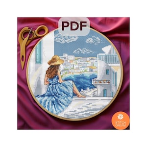 Padrão Ponto Cruz Grego Grécia Gráfico Mykonos Grego Verão x-stitch Grego Santorini Bordado Menina em Vestido Azul Paisagem Marinha Mar