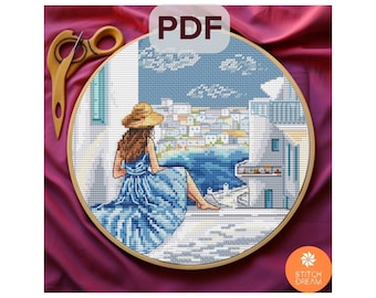 Motif grec au point de croix, Grèce, Mykonos, été grec, point de x, broderie grecque de Santorin, fille en robe bleue, paysage marin, marin