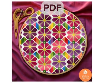 Schema Fiori Arcobaleno Schema Patchwork Arcobaleno Schema moderno per punto croce Punto croce contato Disegno colorato Mosaico Sampler Proud Color
