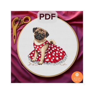 Pattern Cute Pug cross stitch Puppy x-stitch Counted x-stitch Modern chart Animal pattern Dog embroidery Pug Lover Pug In Red Dress chart