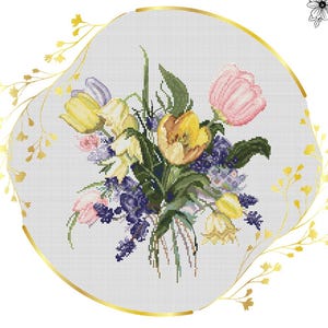 Pattern Bouquet of Tulips cross stitch Floral x-stitch Tulips and bluebells Embroidery Modern x-stitch Flowers chart Pink Yellow Tulip