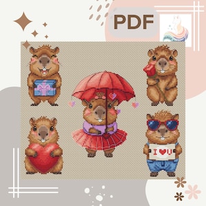 Patroon capibara kruissteek set van capibara met liefde Valentijnsdag x-stitch Counted x-stitch Moderne kaart Leuke capibara dierenkaart