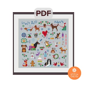 Puede incluir: Un patrón de punto de cruz que presenta un calendario de adviento navideño con perros. El patrón incluye una variedad de razas de perros, incluyendo un dachshund, un caniche, un bulldog y un golden retriever. El patrón está enmarcado en un marco marrón e incluye el texto "Lovely Dog's Advent".