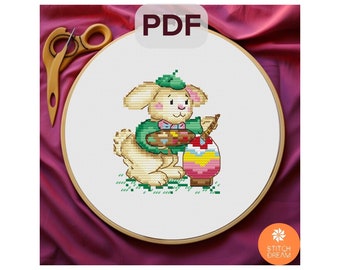 Pattern Bunny Painter Tiny cross stitch embroidery Small Pattern Rabbit Animal Cross Stitch PDF Easter Gift Modern decor