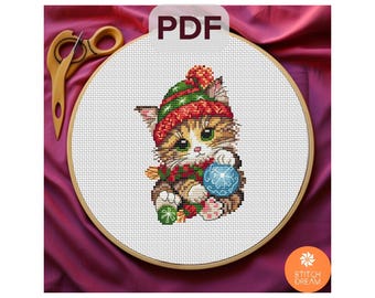 Pattern Christmas Fluffy Cat cross stitch Cute Kitten x-stitch Counted cross stitch Modern chart New Year pattern embroidery Christmas chart