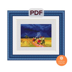 Pode incluir: Um padrão PDF para um design de ponto cruz que apresenta um grupo de pessoas dançando em um campo sob um céu estrelado. O design é emoldurado em uma moldura azul com a palavra "PDF" no canto superior.