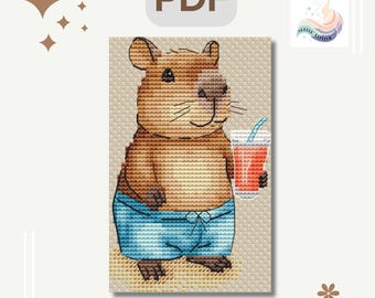 Pattern Capybara Cross Stitch Pattern PDF Cute Capybara with Cocktail Funny Animal Embroidery  Tropical Summer Needlepoint Capybara Drink