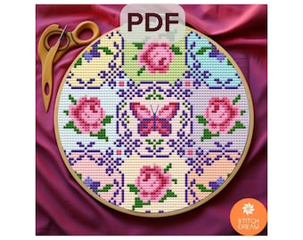 Schema Rose e Farfalle Schema Patchwork Arcobaleno Schema moderno per punto croce Punto croce contato Disegno colorato Mosaico Schema estivo