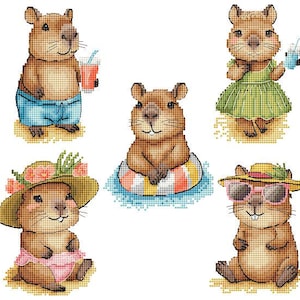 Pattern summer capybaras cross stitch Set capybaras x-stitch Counted x-stitch Modern chart Cute capybara Animal chart capybaras on beach