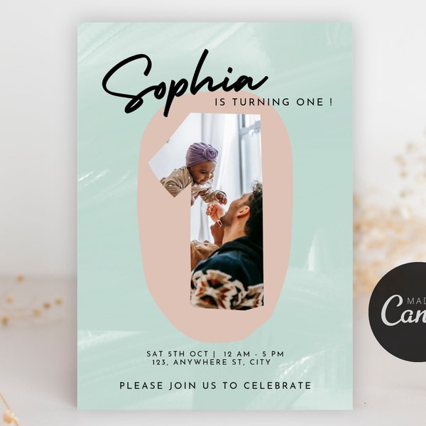 Editable First Birthday Boho Invitation Template, Baby girl Party, Pastel neutral Boho invite with Baby Photo number 1st Year.