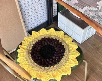 Round chair pads Sunflower - crochet 100% wool felt seat cushions