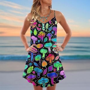 Neon Mushroom Spaghetti Strap Dress, Psychedelic Rainbow Fungi Dress for Women, Trippy Fairycore Cottagecore Summer Outfit