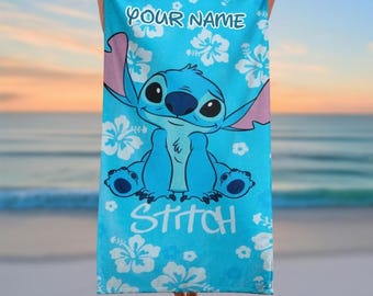Personalized Stitch Beach Towel, Disneyland Bath Towel For Her, Cute Aloha Vacation Towel, Cartoon Towel, Lilo & Stitch Trip Gift Idea