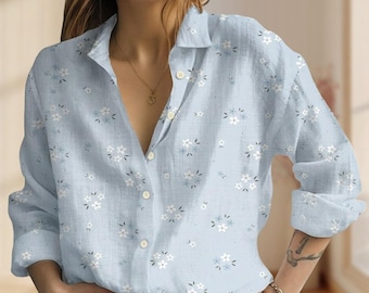 Retro blauwe bloemen blouse shirt, minimalistische bloem vrouwen shirt, botanisch shirt met lange mouwen, zomerkleding, cadeau voor haar/moeder