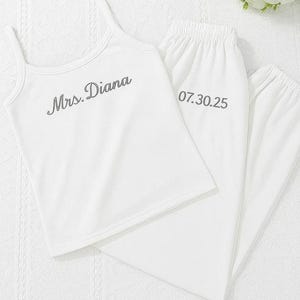 Custom Name Embroidered Spaghetti Strap Baby Tee Tank Top, Bridesmaid Sets, Mrs Tank Top Shorts Joggers, Wedding Getting Ready Outfit
