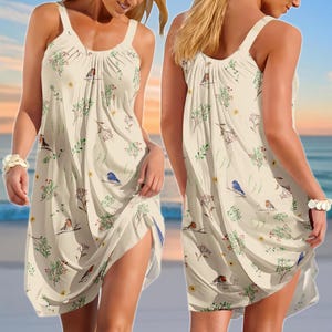 Birds Garden Sling Summer Dress, Vintage Flowers Women Dress, Nature Love Beach Dress, Cottagecore Summer Outfit, Plant Dress For Women