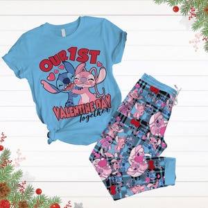 Stitch And Angel Pajamas Set, Valentines Day Pajamas, Disney Honeymoon Shirt, Anniversary Gifts, Couples Outfits, Pajamas For Party