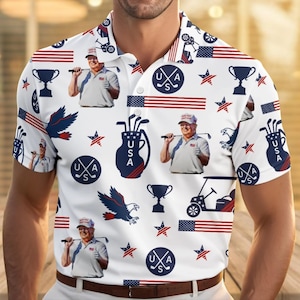 Trump Golf USA Polo Shirt, American Flag Polo For Men, Funny 4th of July Golf Shirt, MAGA Gift, Summer Button Shirt, Golf Love Shirt