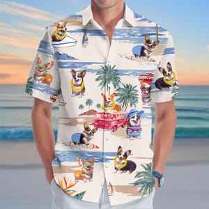 Corgi Button Shirt, Corgi Dog Hawaiian Shirt, Funny Aloha Women Men Shirt, Cute Dog Vacation Shirt For Family Trip, Summer Clothes
