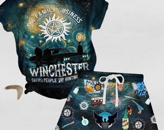 Supernatural Pajamas Shorts Set, Winchester Brothers Shirt, Hunting Retro Movie Tee, Dean Winchester Women Pajamas, Supernatural Shirts