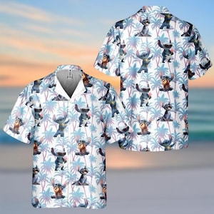 Funny Stitch Hawaiian Shirt, Stitch Movie Button Up Shirt, Cartoon Beach Shirt, Tropical Pattern Aloha Shirt Men, Family Vacation Gift