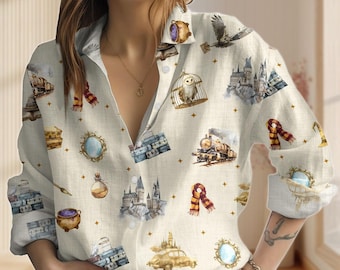 Chemise en lin école de sorcier, chemise femme château, chemise femme chemisier Believe in Magic, chemise amateur de livres, chemises Witchy Love pour femme
