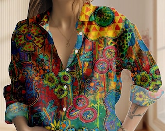 Colorful Abstract Art Linen-Look Shirt, Artistic Women Shirt, Boho Statement Top, Modern Painterly Print Blouse, Unique Gift For Her