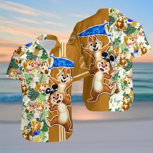 May include: A short-sleeved button-down shirt with a cartoon design of Chip and Dale. The shirt has a brown base with white floral and Chip and Dale patterns on the sides. The shirt has a classic collar and a relaxed fit.