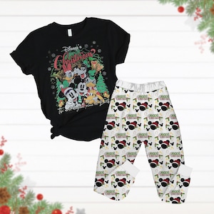 Mickey And Friends Pajamas Christmas, Disney Christmas Tee, Disney Mouse Pajamas Pants, Mickey Minnie Goofy Pluto Holiday Pajamas